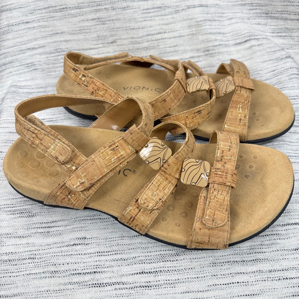 Vionic Amber Cork Sandals Size 9 Tan Comfort Walking Slip Resistant Resortwear